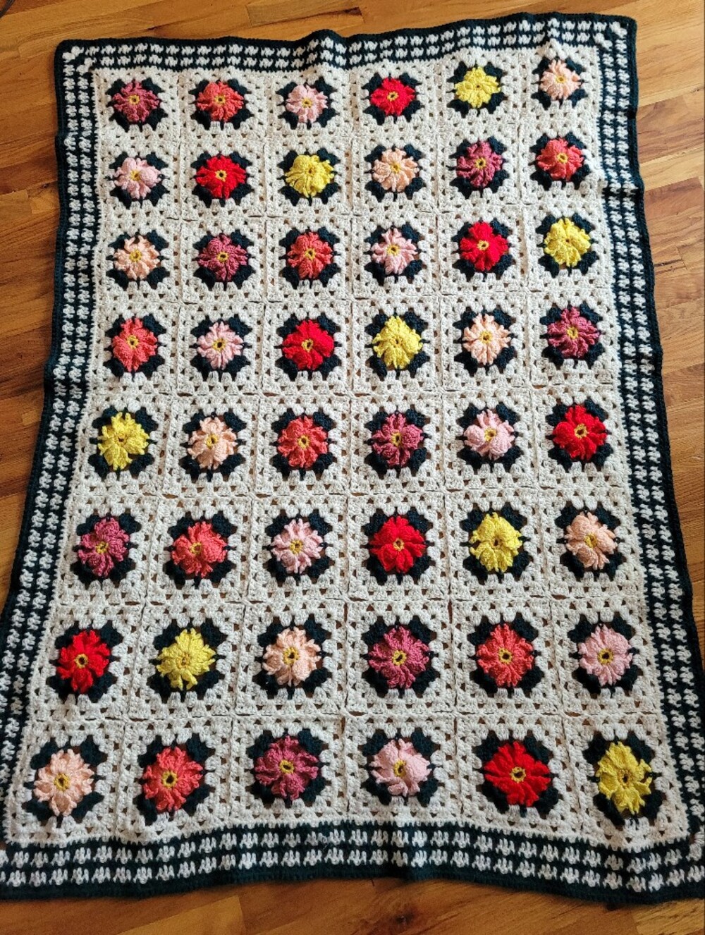 Vintage Handmade Afghan 3D Floral Granny Square Crochet Blanket Four Square